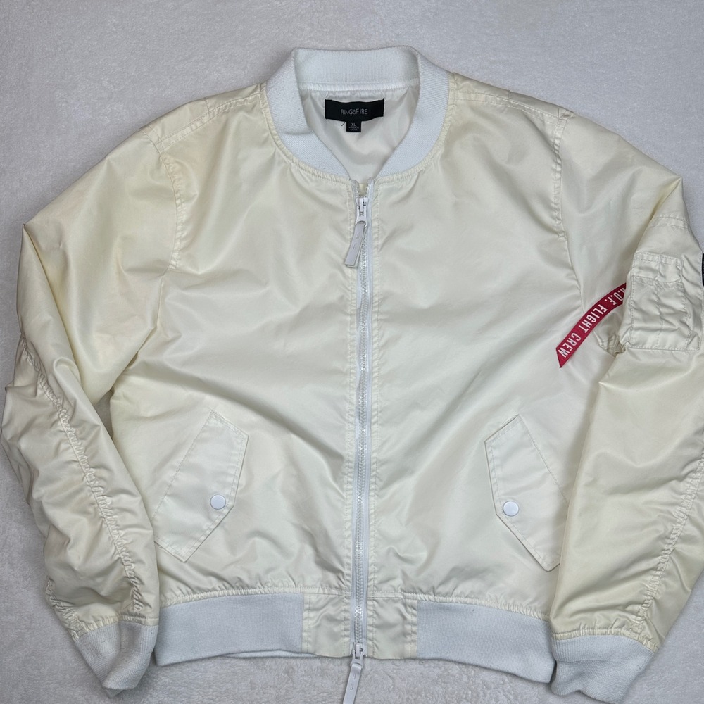 RINGS OF FIRE Mens Cream Bomber Jacket Flight Crew MA1 Style‎ XL Made in China